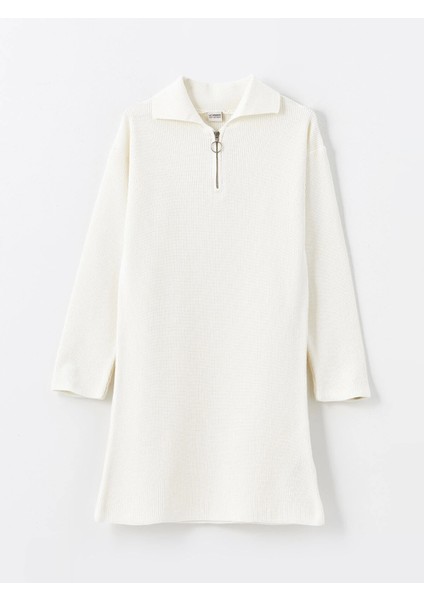 Lcw Kids Ekru Polo Yaka Basic Uzun Kollu Kız Çocuk Triko Elbise