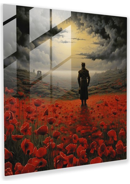 Simgeci Cam Tablo - Gelincik Dolu Tarla ve Yalnız Asker - Düşünceli Ev Dekorasyonu Için Yüksek Kaliteli Cam Duvar Sanatı