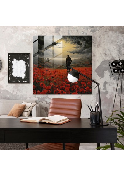 Simgeci Cam Tablo - Gelincik Dolu Tarla ve Yalnız Asker - Düşünceli Ev Dekorasyonu Için Yüksek Kaliteli Cam Duvar Sanatı fiyatları