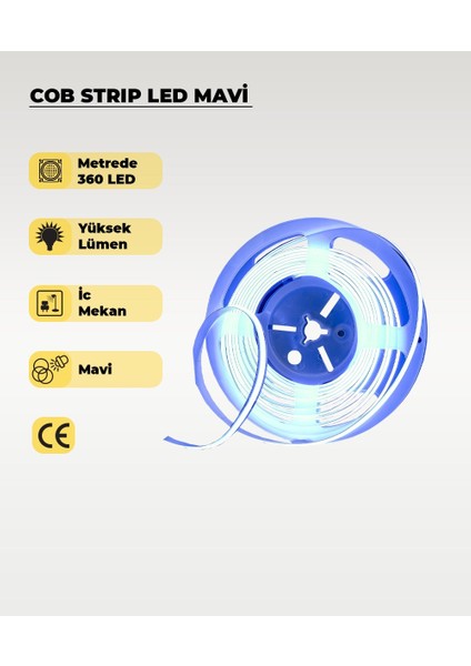 12V Cob Şerit LED Mavi Işık - Metrede 360 LED - 5 Metre