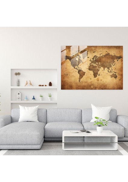 Dünya Haritası Cam Tablo - Antika Tarzı - Dünya Haritası 2 Antika Tarzı Duvar Süsü Nostalji modelleri