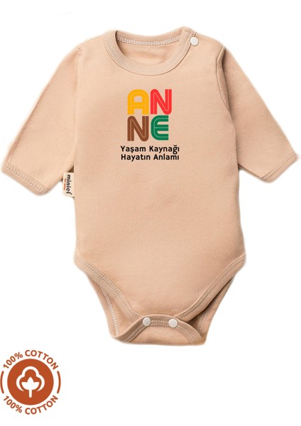 Unisex Bebek %100 Pamuklu Anne Baskılı 3-6-9-12 Ay Bebek Body Ekru Badi Zıbın
