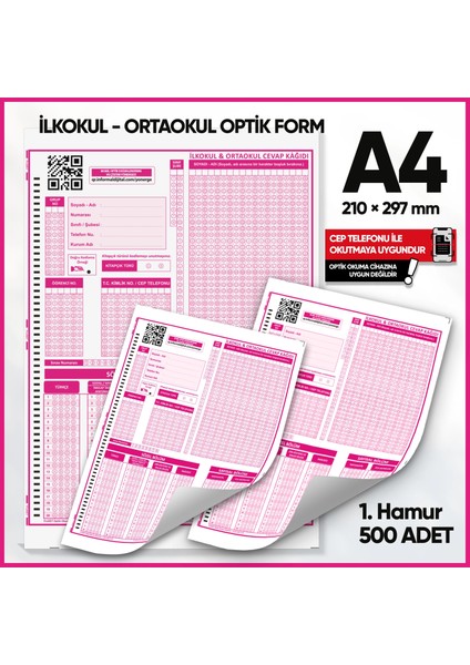 İlkokul-Ortaokul Deneme Sınavları için 500 Adet (80.gr) Optik Form modelleri