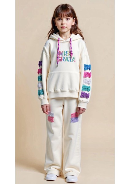 Kız Çocuk Eşofman Takım 10-16 Yaş 7431 Ekru