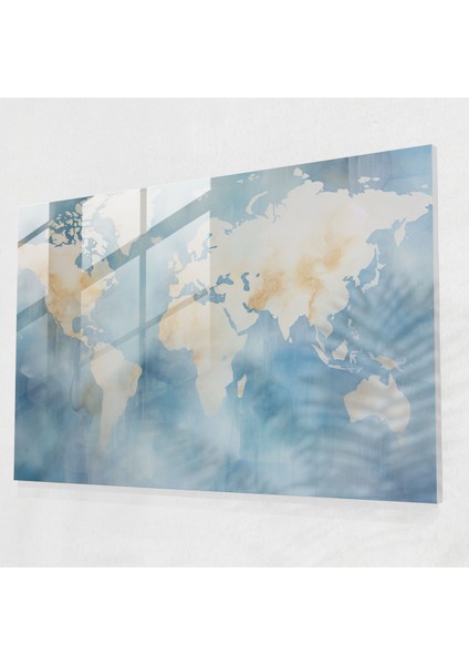 Doğaçlama Dünya Haritası Cam Tablo - Dünya Haritası 2 Cam Tablo Yumuşak Fırça Dokunuşları Cam Duvar Sanatı