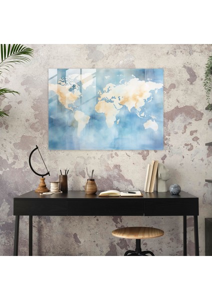 Doğaçlama Dünya Haritası Cam Tablo - Dünya Haritası 2 Cam Tablo Yumuşak Fırça Dokunuşları Cam Duvar Sanatı modelleri
