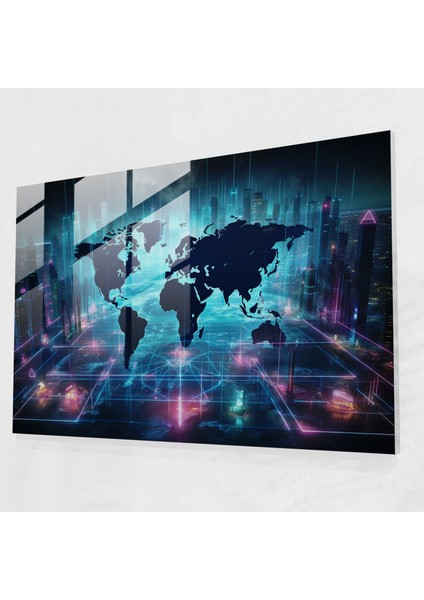 Dünya Haritası Cam Duvar Sanatı - Dünya Haritası 2 Neon Işıklar Modern Sanat