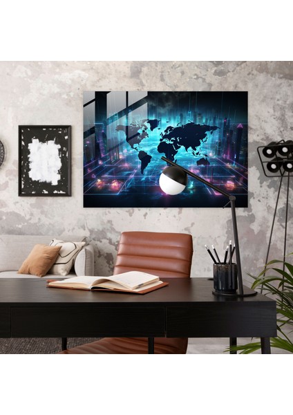 Dünya Haritası Cam Duvar Sanatı - Dünya Haritası 2 Neon Işıklar Modern Sanat fiyatları