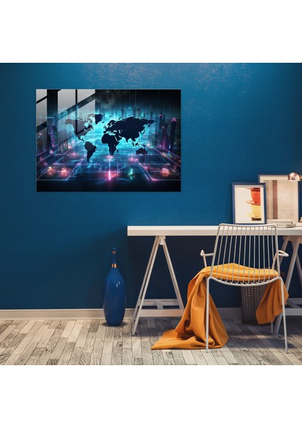 Dünya Haritası Cam Duvar Sanatı - Dünya Haritası 2 Neon Işıklar Modern Sanat modelleri