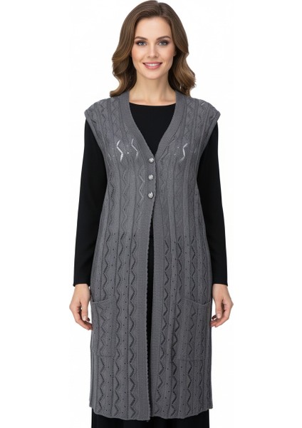 Kadın Pamuklu Rölaks Örme Anne Yelek V Yaka Güldane Motifli Delikli Üç Düğmeli Çift Cepli fiyatları