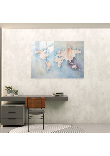 Dünya Haritası Cam Tablo - Izlenimci Uyum - Dünya Haritası 2 Dokulu Fırça Darbeleri Cam Duvar Sanatı Izlenimci Tablo fiyatları