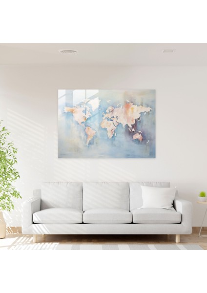 Dünya Haritası Cam Tablo - Izlenimci Uyum - Dünya Haritası 2 Dokulu Fırça Darbeleri Cam Duvar Sanatı Izlenimci Tablo modelleri