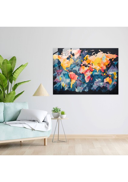 Dünya Haritası Cam Tablo - Dünya Haritası 2 Geometrik Şekiller Modern Sanat Ev Dekorasyonu modelleri