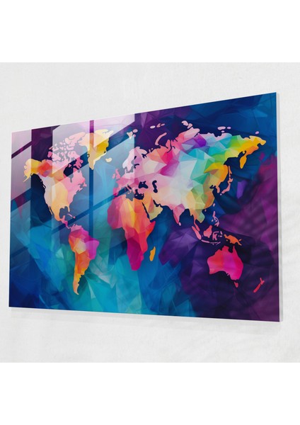 Dünya Haritası Cam Duvar Sanatı - Soyut Tasarım - Dünya Haritası 2 Canlı Renkler Cam Tablo Cam Sanatı