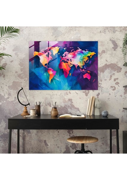 Dünya Haritası Cam Duvar Sanatı - Soyut Tasarım - Dünya Haritası 2 Canlı Renkler Cam Tablo Cam Sanatı fiyatları