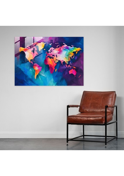 Dünya Haritası Cam Duvar Sanatı - Soyut Tasarım - Dünya Haritası 2 Canlı Renkler Cam Tablo Cam Sanatı modelleri