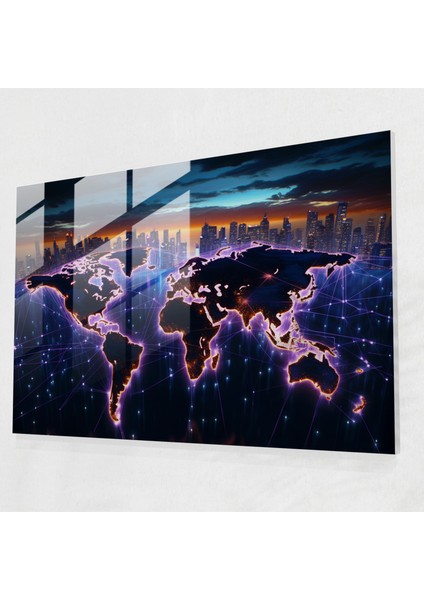 Dünya Haritası Cam Duvar Sanatı - Gelecek Odaklı Neon Dünya Haritası - Modern Sanat Cam Tablo Şık Tasarım