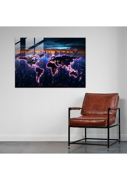 Dünya Haritası Cam Duvar Sanatı - Gelecek Odaklı Neon Dünya Haritası - Modern Sanat Cam Tablo Şık Tasarım fiyatları