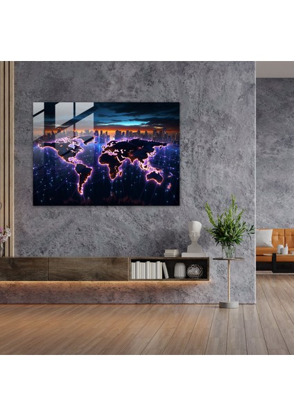 Dünya Haritası Cam Duvar Sanatı - Gelecek Odaklı Neon Dünya Haritası - Modern Sanat Cam Tablo Şık Tasarım modelleri