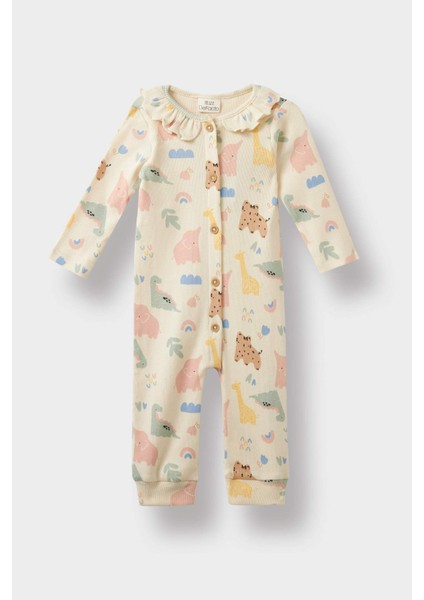 Kız Bebek Yenidoğan Hayvan Desenli Fitilli Kaşkorse Uzun Kollu Tulum F2187A525AU