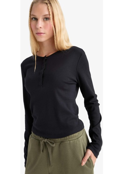 Coool Fitted Düğmeli Yaka Ribana Uzun Kollu Tişört E7680AX25AU