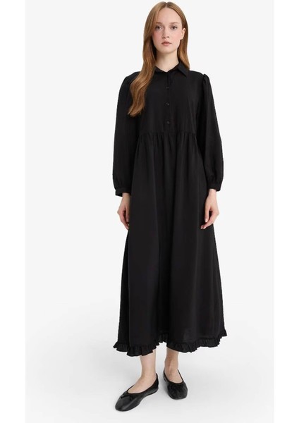 Gömlek Yaka Uzun Kollu Maxi Siyah Kadın Elbise F0350AX/BK81