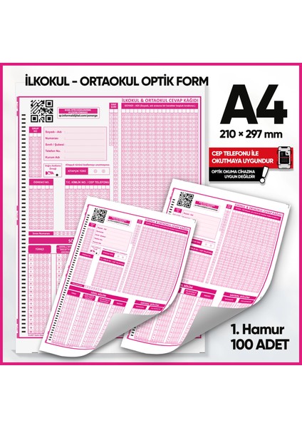 İlkokul-Ortaokul Deneme Sınavları İçin 100 Adet (80.gr) Optik Form modelleri