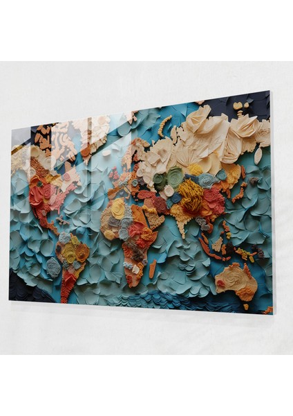 Dünya Haritası Cam Duvar Sanatı - Modern Kolaj Dünya Haritası - Dünya Haritası 2 Dokular Farklı Dokunuş Cam Sanatı