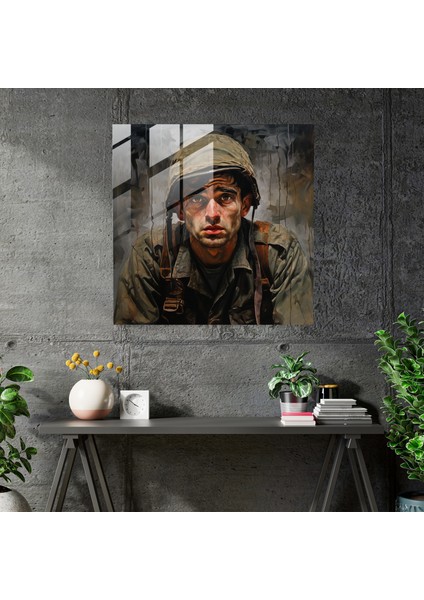 Yorgun Asker Portresi Cam Tablo - Ruhun Yükü - Ifadeci Portre Duvar Sanatı fiyatları