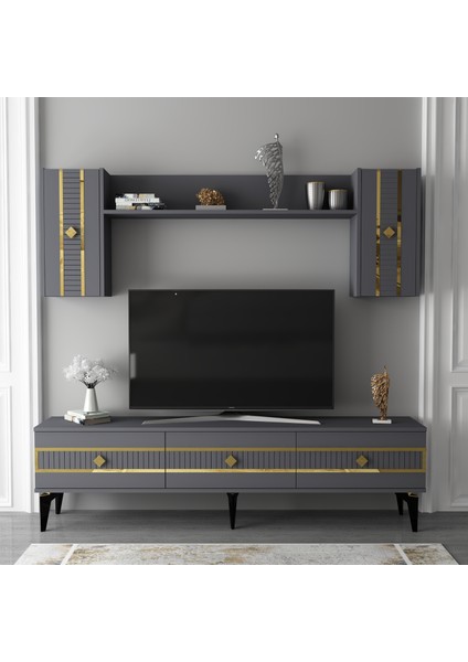 Novva 180 cm Tv Ünitesi Takımı Antrasit-Altın