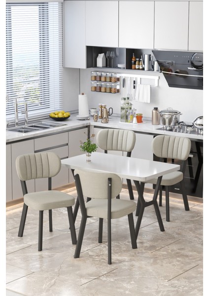 Parla 70X110CM Beyaz Mutfak Masası, Mutfak Masası Takımı, Yemek Masası, 4 Krem Sandalye
