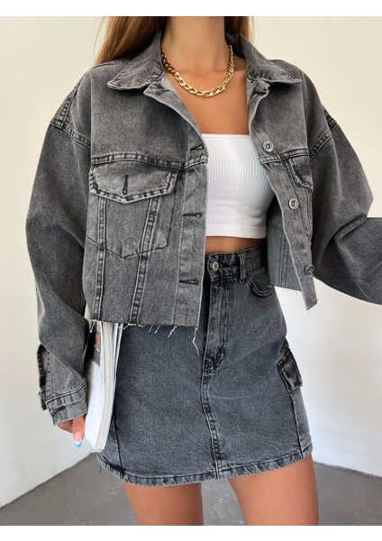 Çift Cepli Yıkamalı Crop Denim Ceket modelleri