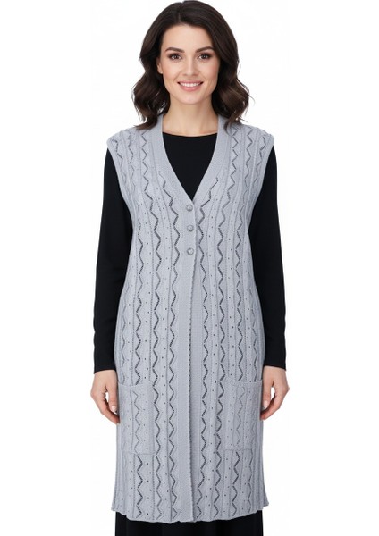 Kadın Pamuklu Rölaks Örme Anne Yelek V Yaka Güldane Motifli Delikli Üç Düğmeli Çift Cepli fırsatları