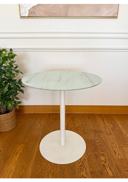 Beyaz Mermer Desenli Modern 70 cm Yemek Masası 8 mm Temper Cam ( Sadece Masa )