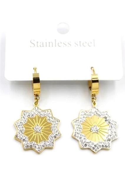 Taşlı Yıldız Çelik Halka Küpe - Altın