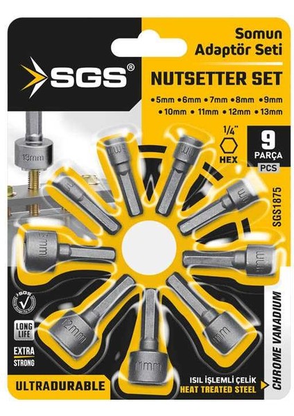 9 Parça Somun Adaptör Seti | 1/4” Hex Uyumlu, Krom Vanadyum, Isıl Işlemli Çelik