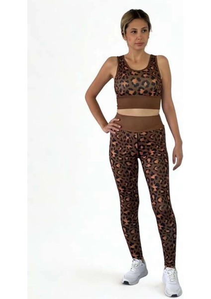 3D Baskılı Özel Tasarım Premium Kalite Crop ve Yüksek Bel Tayt Leopar Takım indirimleri