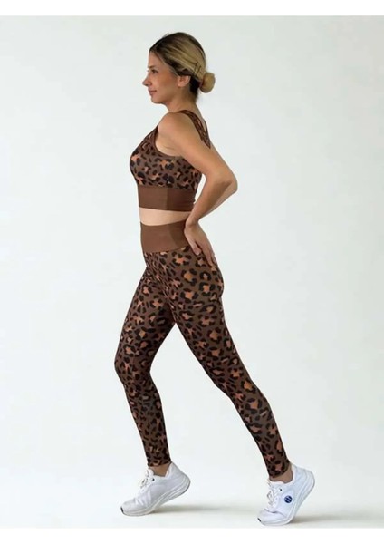 3D Baskılı Özel Tasarım Premium Kalite Crop ve Yüksek Bel Tayt Leopar Takım