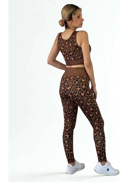 3D Baskılı Özel Tasarım Premium Kalite Crop ve Yüksek Bel Tayt Leopar Takım