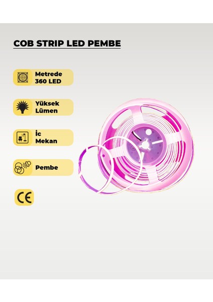 12V Cob Şerit LED Pembe Işık - Metrede 360 LED - 5 Metre