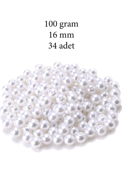 100 Gram 16MM Beyaz Renk Plastik Inci Boncuk Çanta ve Takı Yapım Boncuğu (~34 Adet)