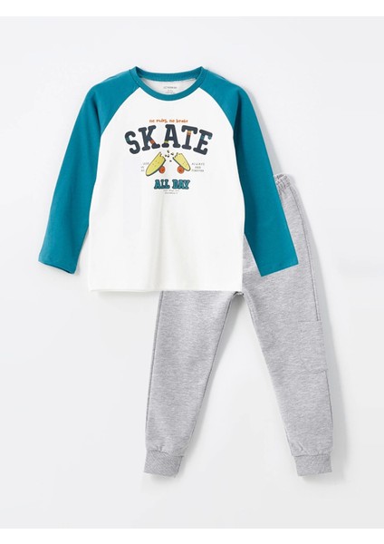 Lcw Kids Ekru Bisiklet Yaka Uzun Kollu Baskılı Erkek Bebek Tişört ve Eşofman Alt 2'li Takım