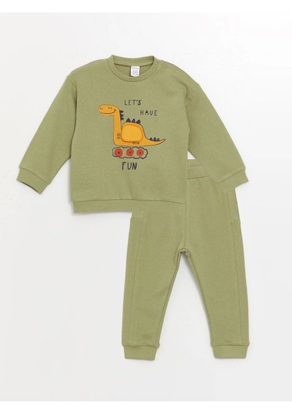 Lcw Baby Yeşil Bisiklet Yaka Uzun Kollu Baskılı Erkek Bebek Sweatshirt ve Eşofman Alt 2'li Takım