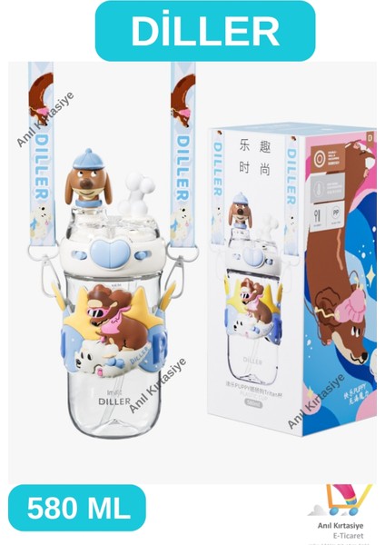 Diller Çift Kullanım Pipetli/rahat Içim Boyun Askılı Sevimli Köpek 580 ml
