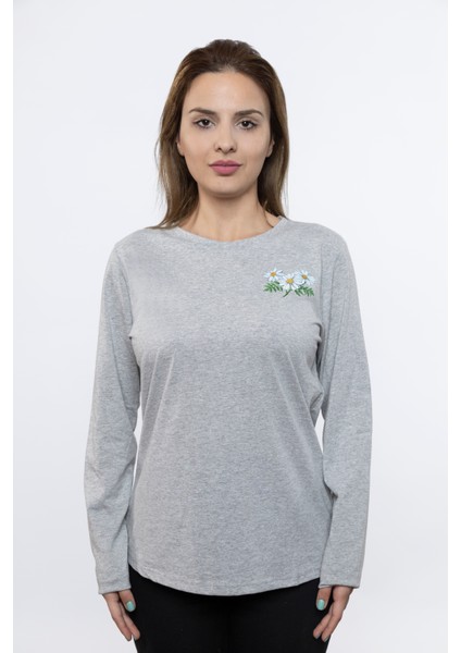 Kadın Gri Renk Papatya Baskılı Uzun Kollu Tshırt modelleri