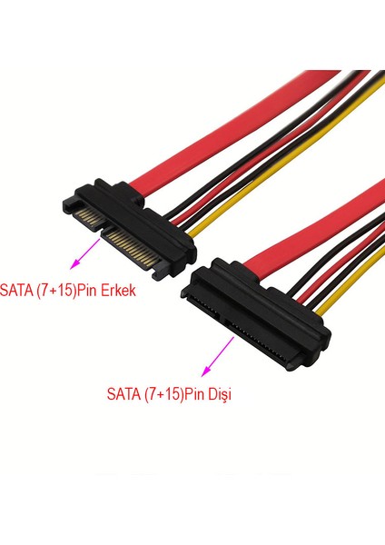 Sata Data 22 Pin Power Uzatma Kablosu 15+7 Pin Sata Data Power Uzatma Kablo 1m modelleri