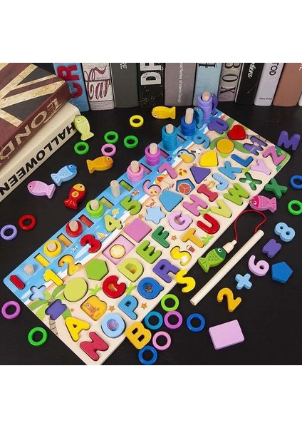 Montessori 6sı 1 Arada Ahşap Eğitici Oyuncak Seti Balık Tutma Şekiller Sayılar Halkalar Motor Beceri Geliştirici indirimleri