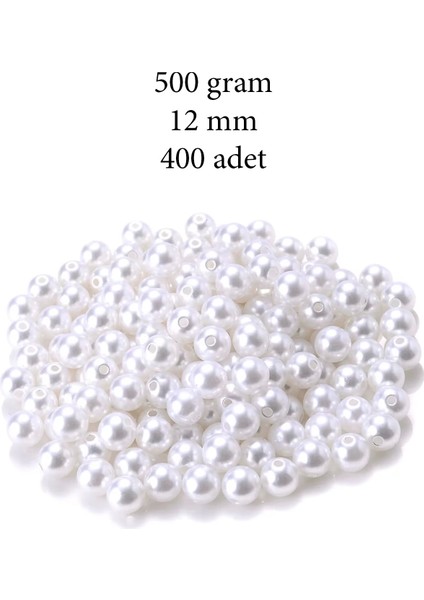 500 Gram 12MM Beyaz Renk Plastik Inci Boncuk Çanta ve Takı Yapım Boncuğu (~400 Adet)