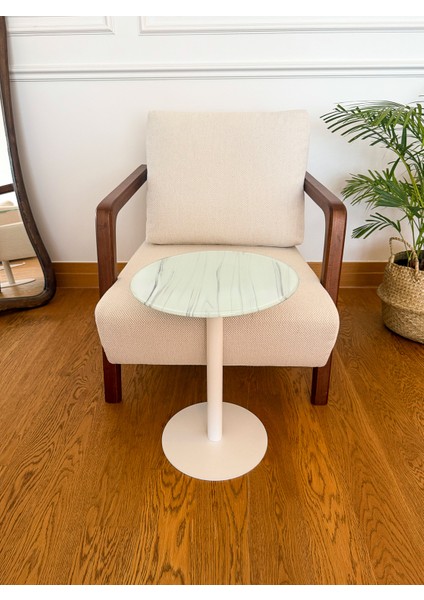 Beyaz Mermer Desenli Modern 40 cm Zigon Yan Sehpa 8 mm Temper Cam