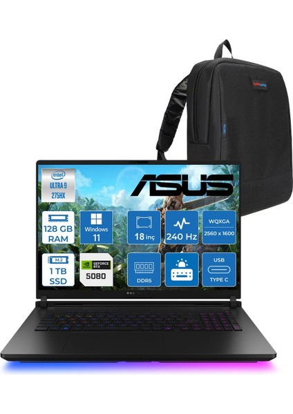 Rog Strix Scar 18 G835LW-SA129 Intel Core Ultra 9 275HX Aı 128GB 1tb SSD 16GB/RTX5080 Gddr7 175W 18" 2.5k 2560X1600 Wqxga 240Hz 3ms 1200NITS WINDOWS11PRO Laptop WSA129W43128G + Zettaçanta